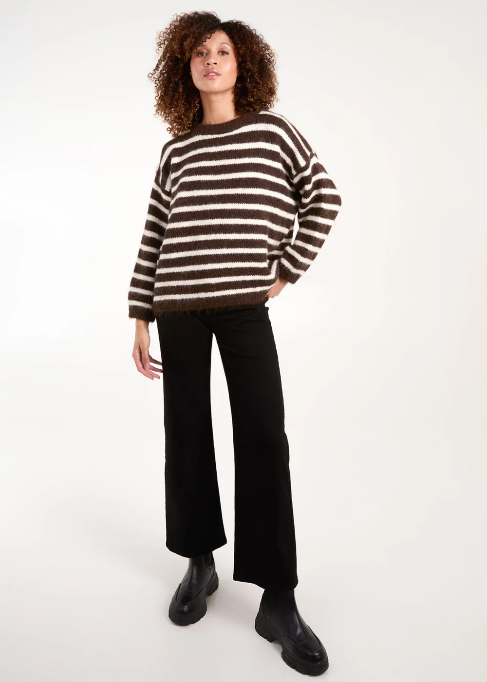 Blue Vanilla Brown Soft Knit Round Neck Stripe Jumper - One Size Image 3