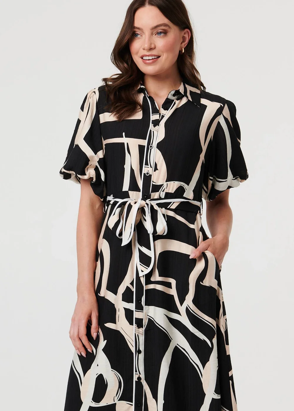 Izabel London Black Geo Print Puff Sleeve Tie Midi Dress - 18 Image 4