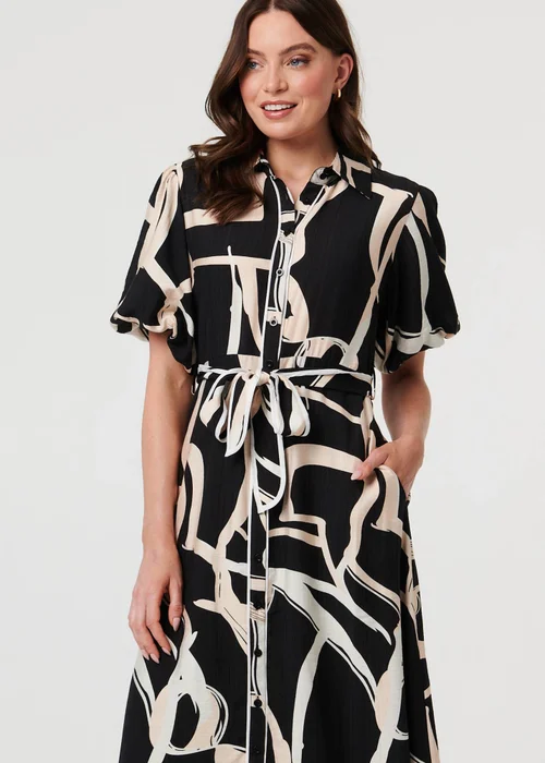 Izabel London Black Geo Print Puff Sleeve Tie Midi Dress - 18 Image 4
