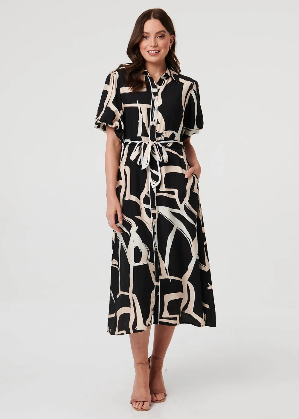 Izabel London Black Geo Print Puff Sleeve Tie Midi Dress - 18 Image 1