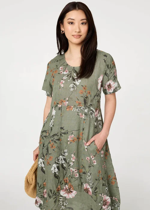 Izabel London Khaki Floral Short Sleeve Oversized Midi Dress - 8 Image 4