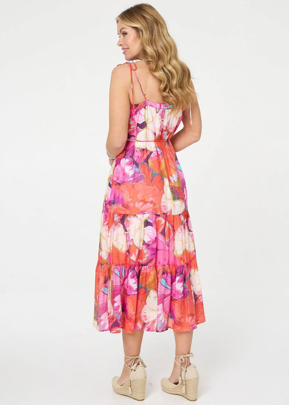 Izabel London Pink Floral Tie Strap Tiered Midi Dress - 18 Image 2