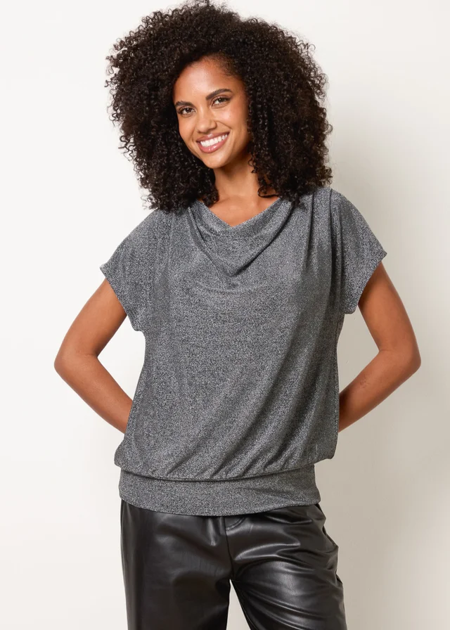 Blue Vanilla Silver Cowl Neck Draped Top