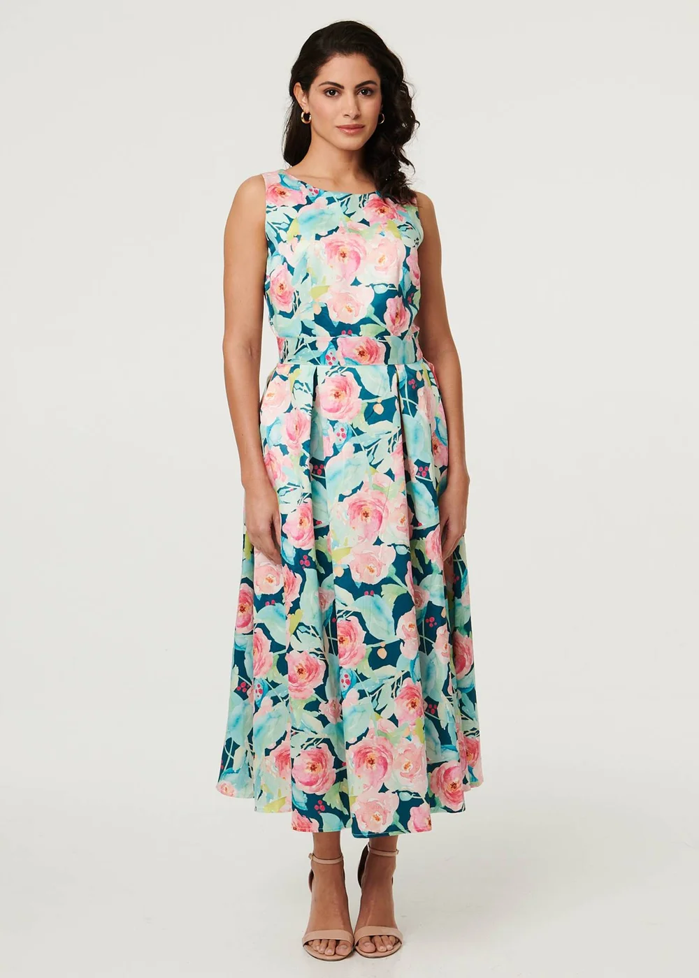 Izabel London Multi Blue Floral Sleeveless Pleat Front Midi Dress - 18 Image 1