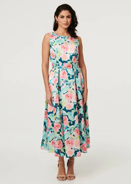 Izabel London Multi Blue Floral Sleeveless Pleat Front Midi Dress - 18 Image 1