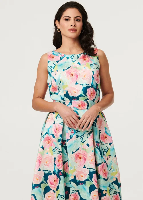 Izabel London Multi Blue Floral Sleeveless Pleat Front Midi Dress - 18 Image 2