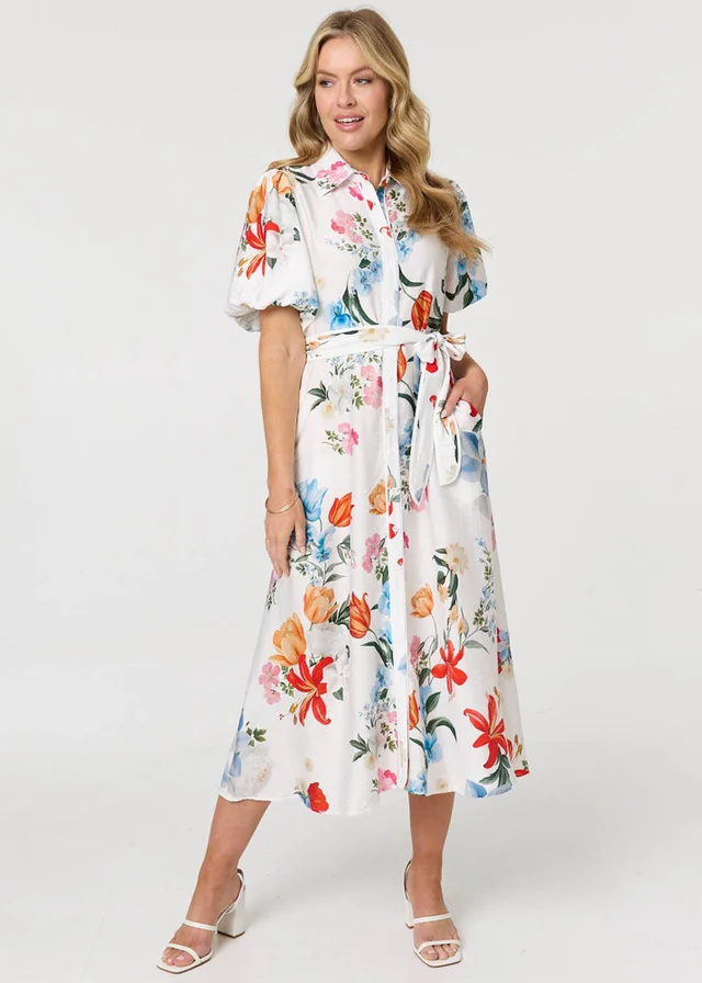 Izabel London White Floral 1/2 Puff Sleeve Midi Shirt Dress