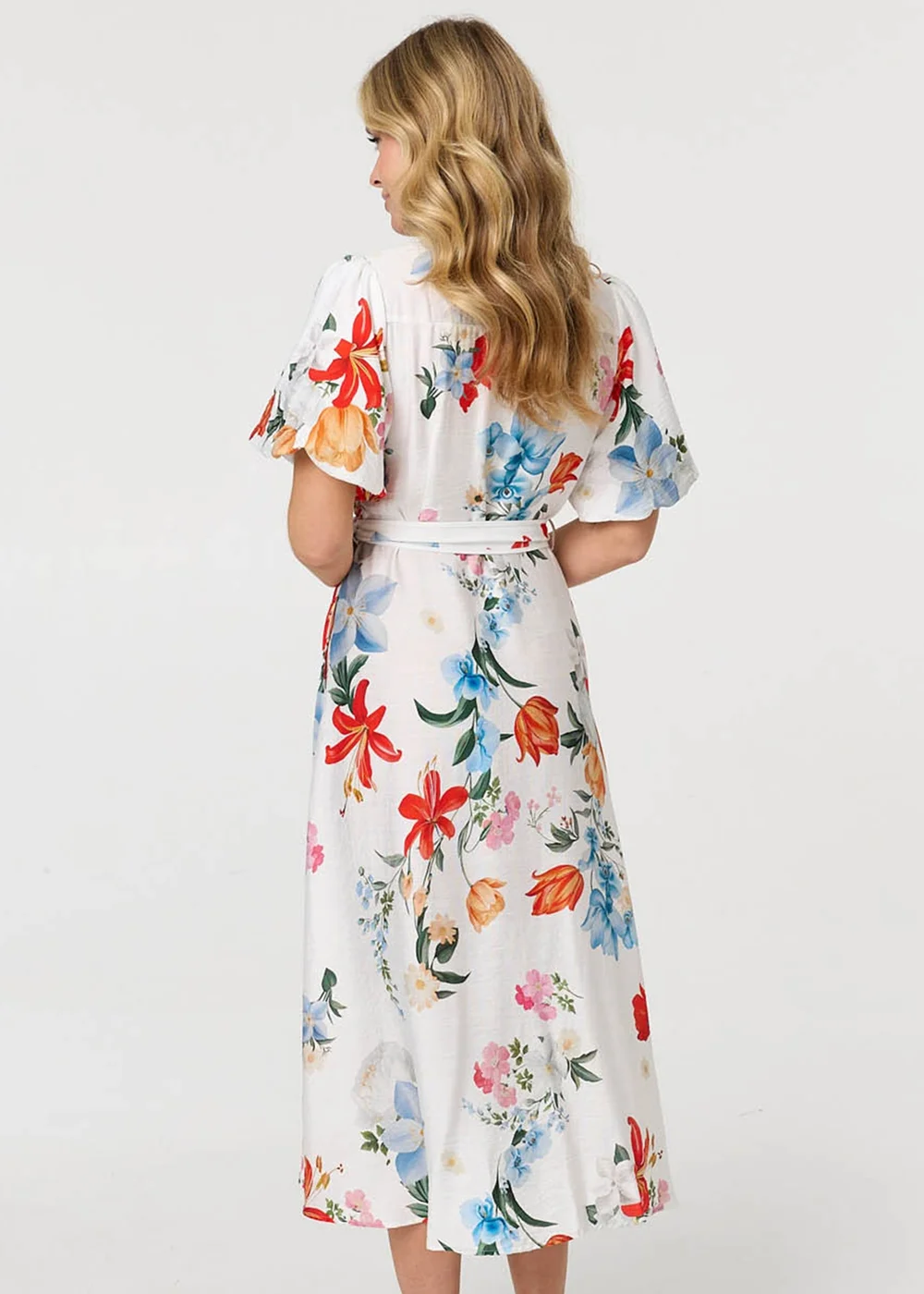 Izabel London White Floral 1/2 Puff Sleeve Midi Shirt Dress - 10 Image 3