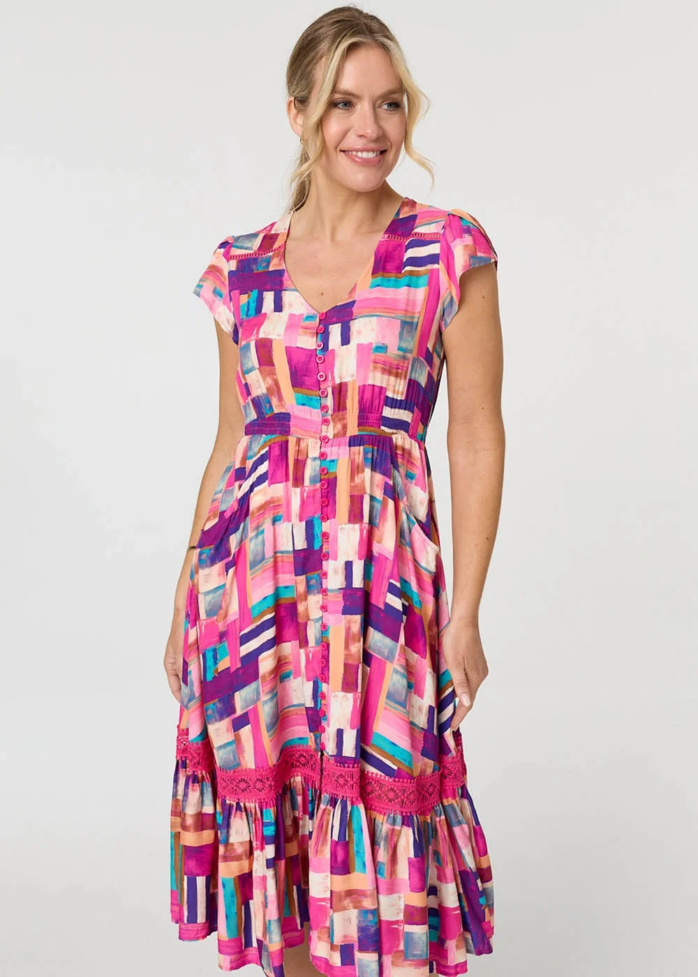 Izabel London Pink Geo Print Cap Sleeve Shirred Midi Dress - 12 Image 2