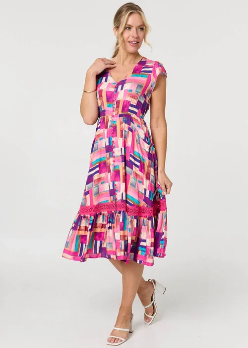 Izabel London Pink Geo Print Cap Sleeve Shirred Midi Dress - 12 Image 1