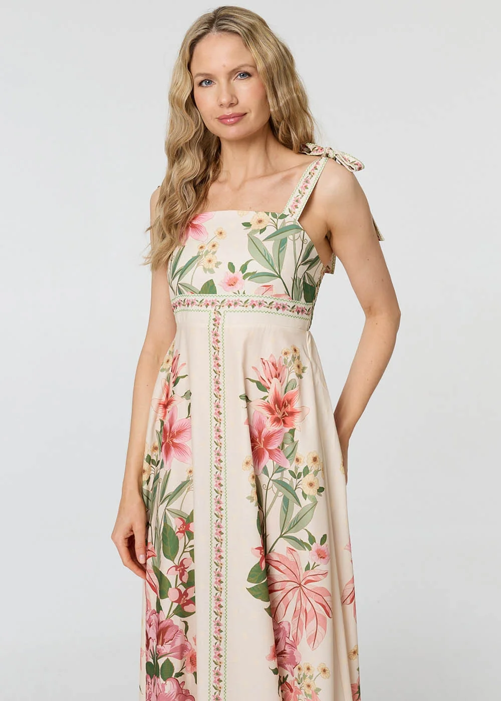 Izabel London Multi Beige Floral Border Print Tie Strap Midi Dress - 18 Image 3