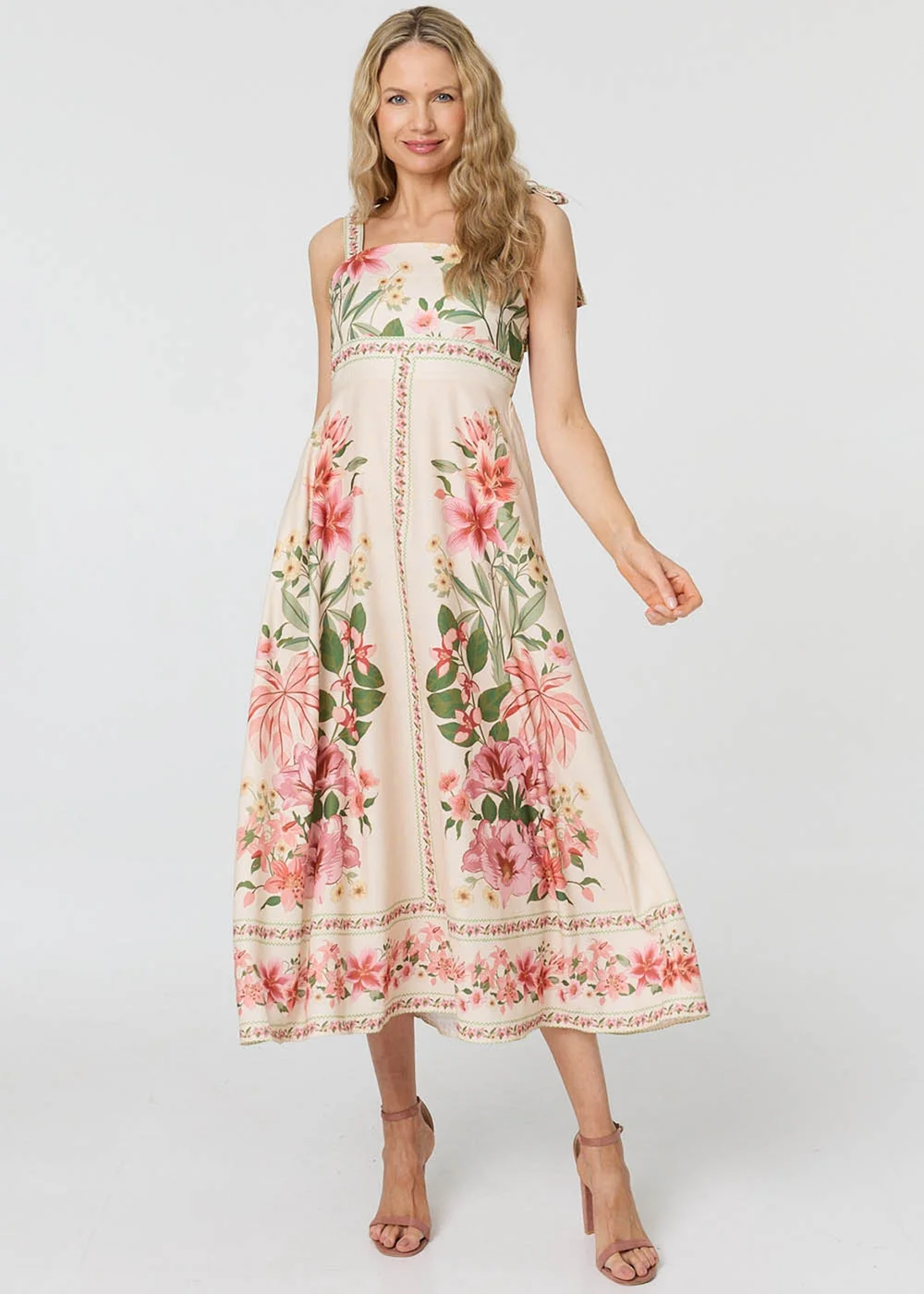 Izabel London Multi Beige Floral Border Print Tie Strap Midi Dress - 18 Image 1
