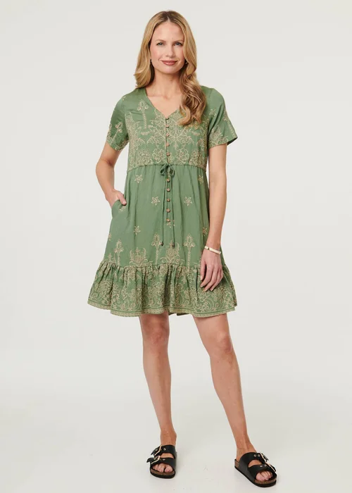 Izabel London Green Floral Embroidered Knee Length Dress - 14 Image 1