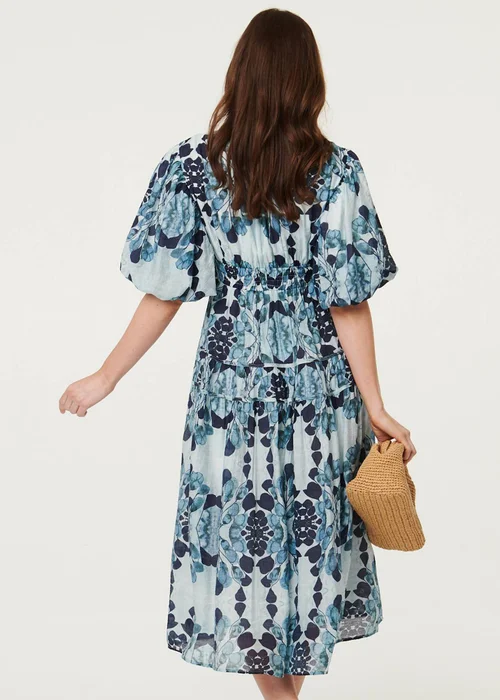 Izabel London Blue Floral 1/2 Puff Sleeve Tiered Midi Dress - 14 Image 3