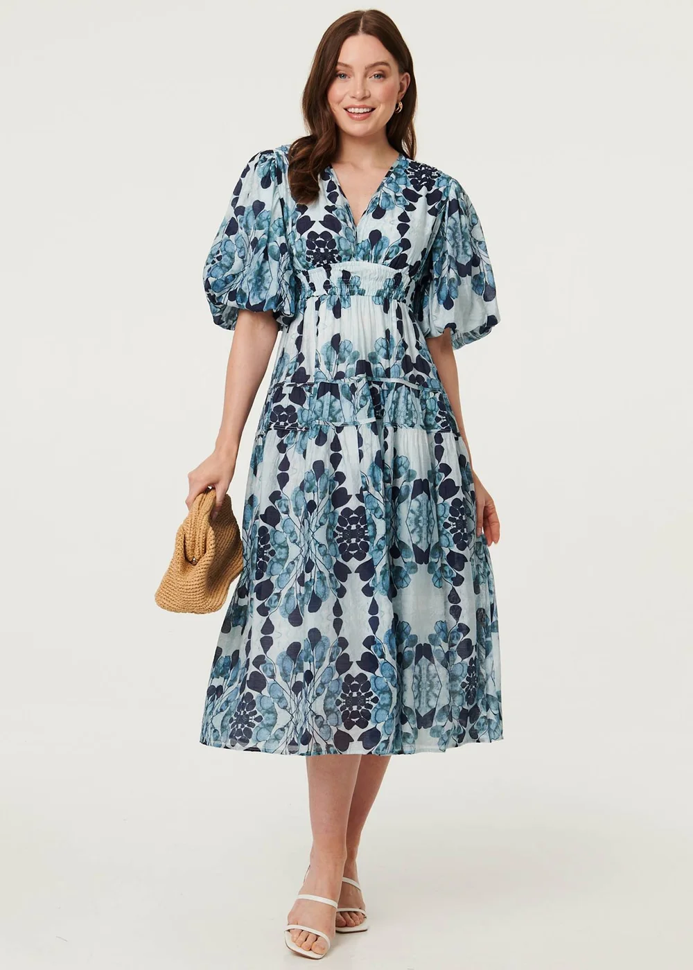 Izabel London Blue Floral 1/2 Puff Sleeve Tiered Midi Dress - 14 Image 1