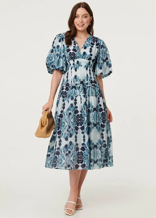 Izabel London Blue Floral 1/2 Puff Sleeve Tiered Midi Dress - 14 Image 1