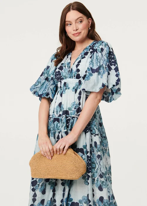 Izabel London Blue Floral 1/2 Puff Sleeve Tiered Midi Dress - 14 Image 2