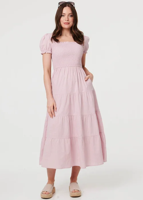 Izabel London Pink Tiered Shirred Puff Sleeve Midi Dress - 8 Image 1