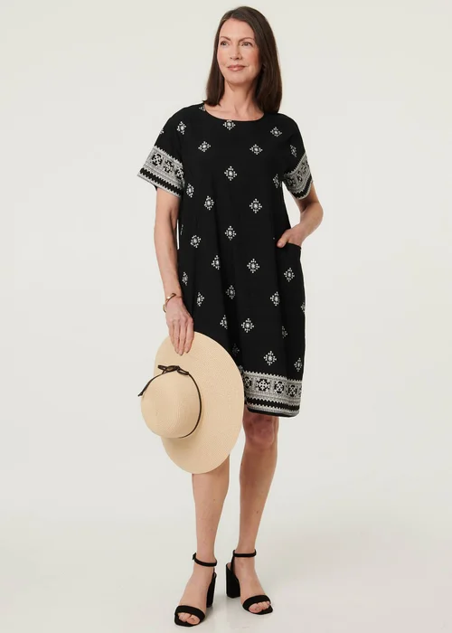 Izabel London Black Border Printed Knee Length Shift Dress - 16 Image 1