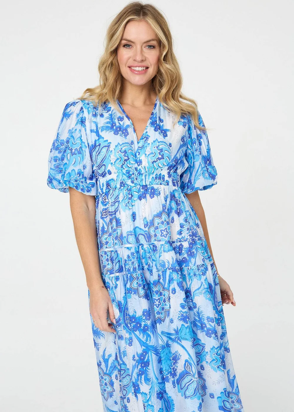 Izabel London Blue Floral Tiered Puff Sleeve Midi Dress - 14 Image 2