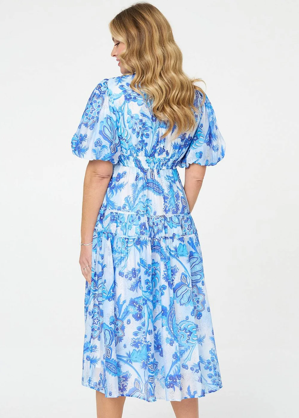 Izabel London Blue Floral Tiered Puff Sleeve Midi Dress - 14 Image 3