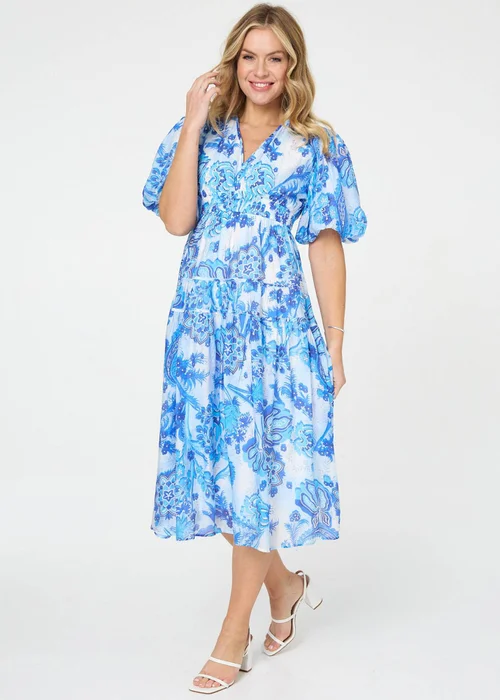 Izabel London Blue Floral Tiered Puff Sleeve Midi Dress - 14 Image 1