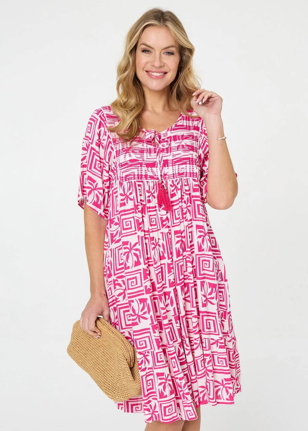 Izabel London Pink Printed Tassel Neck Knee Length Dress - 10 Image 3