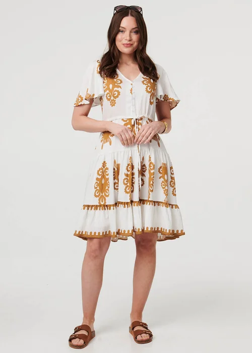 Izabel London Beige Printed Drawstring Knee Length Dress - 10 Image 1
