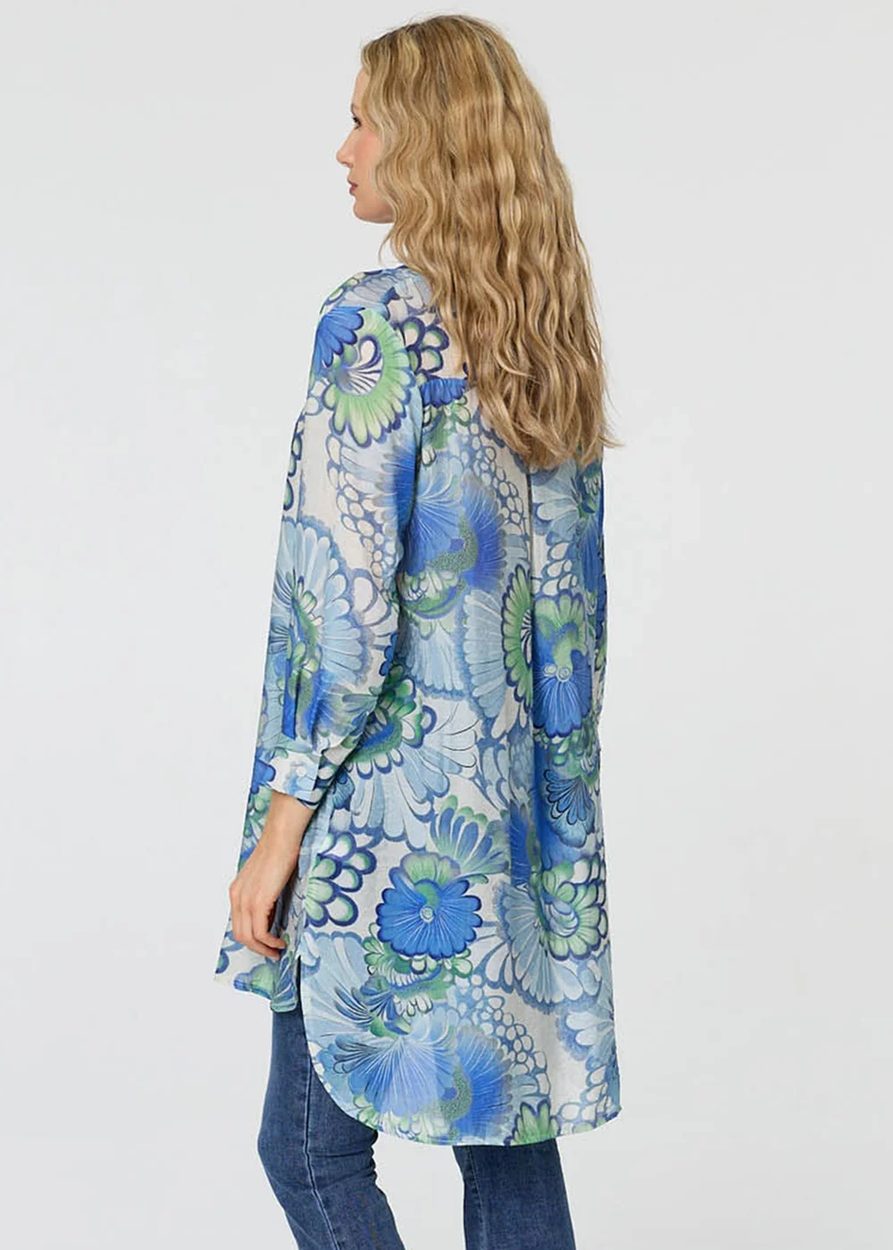 Izabel London Blue Floral Semi Sheer Longline Shirt - 12 Image 3