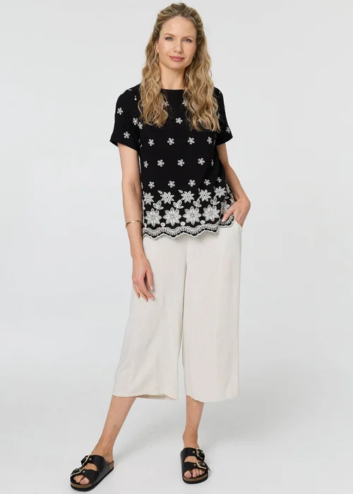 Izabel London Black Floral Embroidered Short Sleeve Top - 10 Image 1