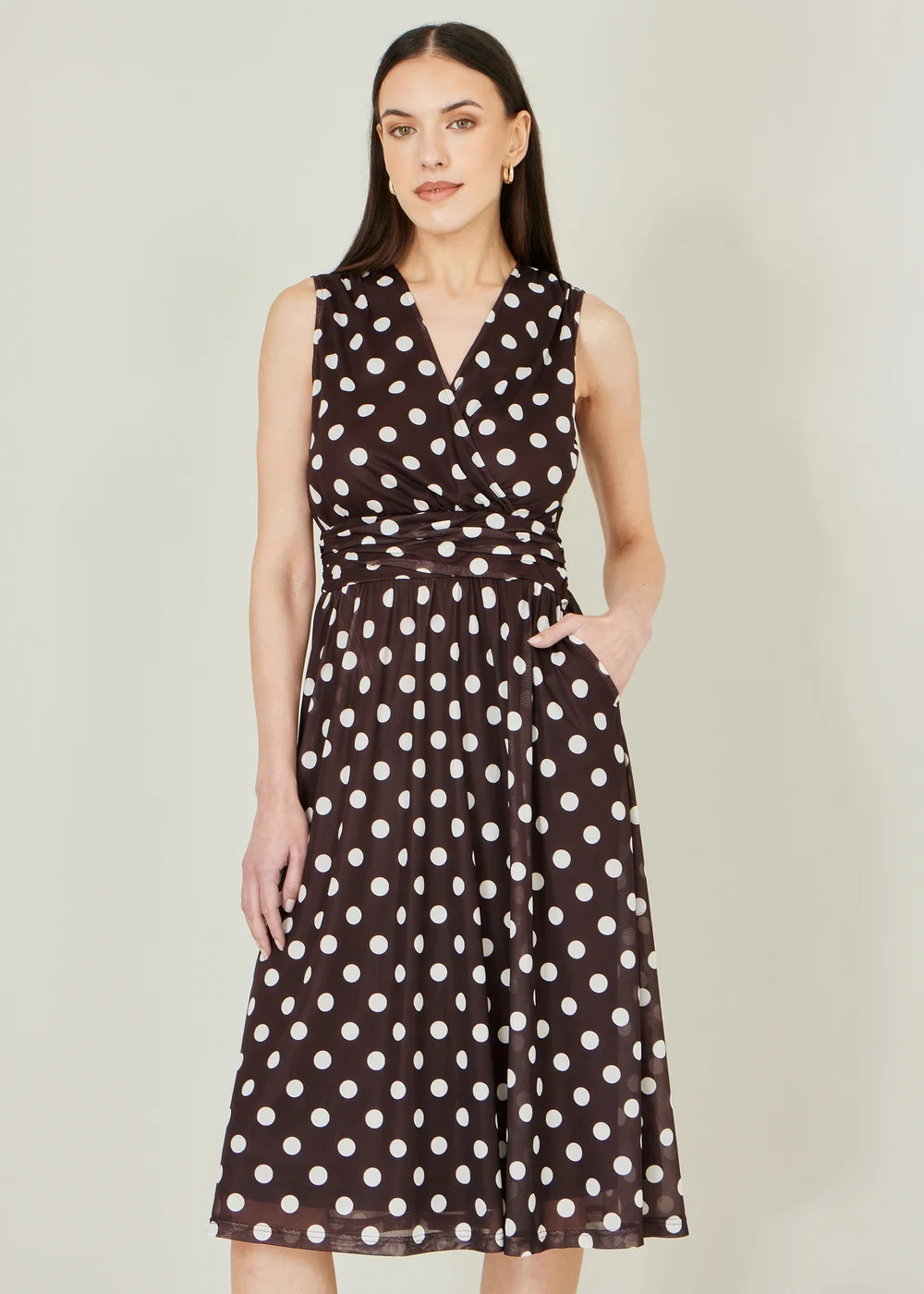 Yumi Brown Polka Dot Mesh Wrap Skater Dress With Pockets - 12 Image 1