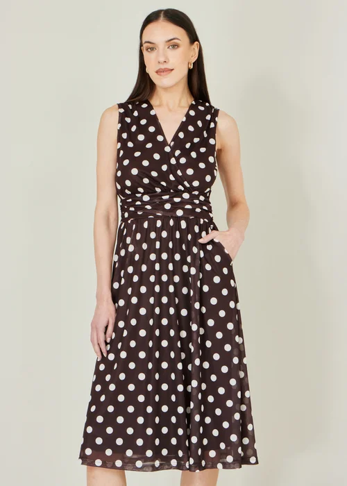 Yumi Brown Polka Dot Mesh Wrap Skater Dress With Pockets - 12 Image 1
