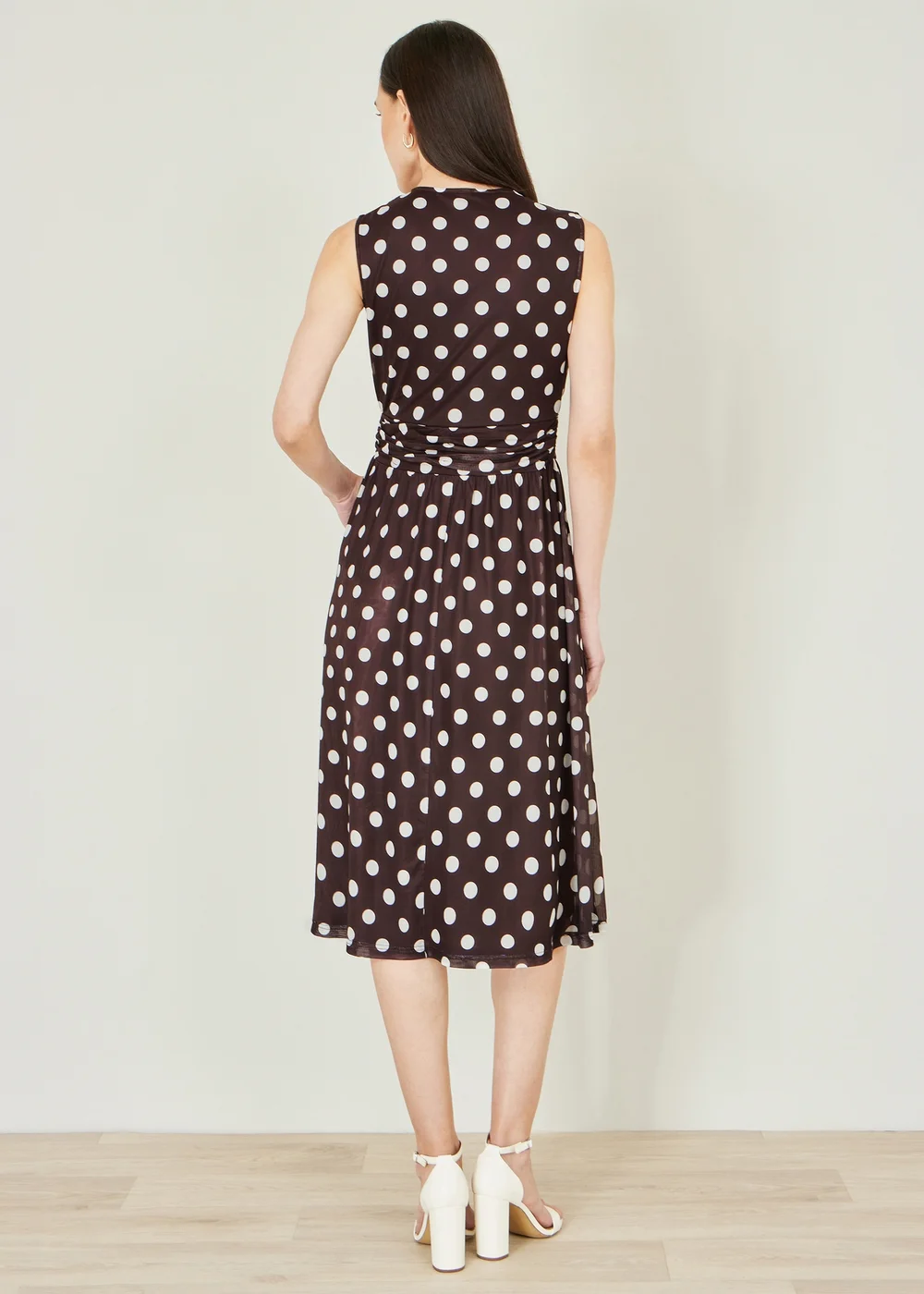 Yumi Brown Polka Dot Mesh Wrap Skater Dress With Pockets - 12 Image 3