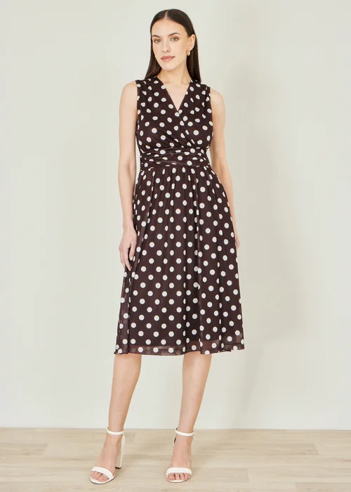 Yumi Brown Polka Dot Mesh Wrap Skater Dress With Pockets - 12 Image 2
