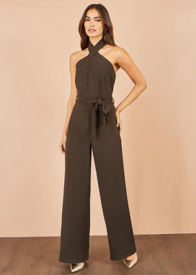 Yumi Brown Cross Over Halter Neck Jumpsuit