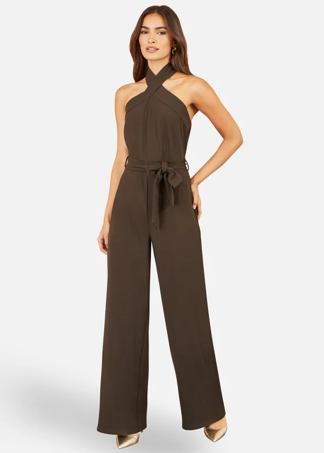 Yumi Brown Cross Over Halter Neck Jumpsuit