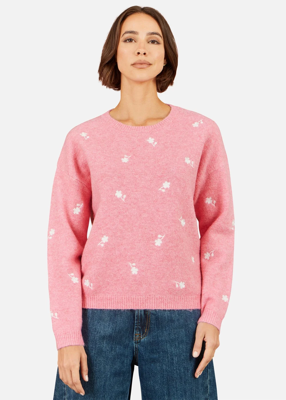 Yumi Pink Daisy Embroidered Relaxed Jumper - M Image 1