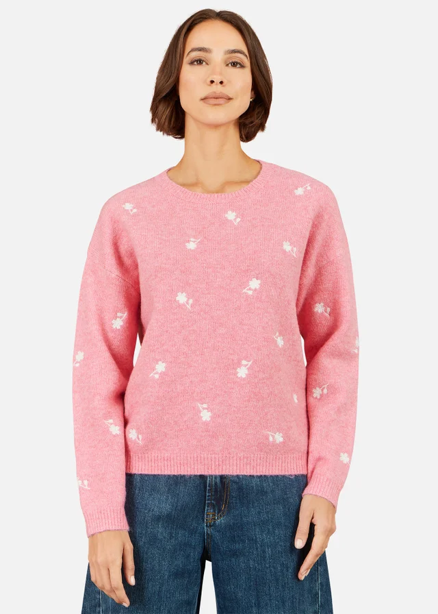 Yumi Pink Daisy Embroidered Relaxed Jumper