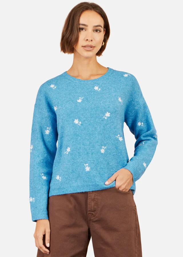 Yumi Blue Daisy Embroidered Relaxed Jumper
