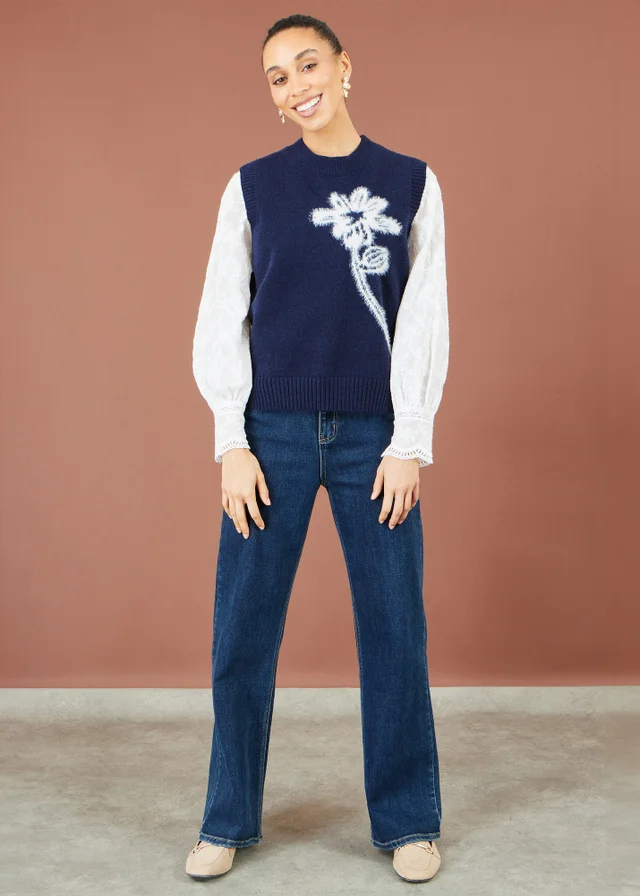 Yumi Navy Knitted Flower Sleeveless Jumper Vest