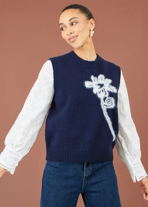Yumi Navy Knitted Flower Sleeveless Jumper Vest - L Image 1
