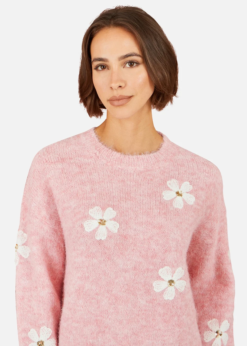 Yumi Pink Relaxed Jumper With Crochet Flowers - S Image 4
