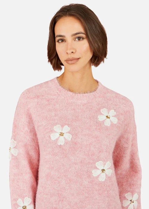 Yumi Pink Relaxed Jumper With Crochet Flowers - S Image 4