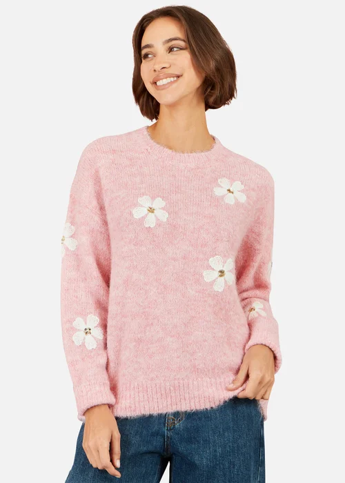 Yumi Pink Relaxed Jumper With Crochet Flowers - S Image 1