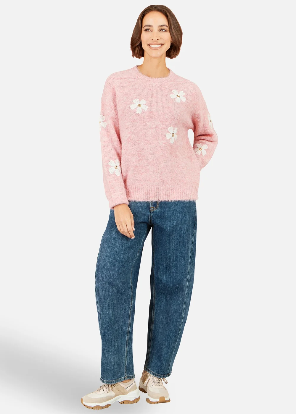 Yumi Pink Relaxed Jumper With Crochet Flowers - S Image 2