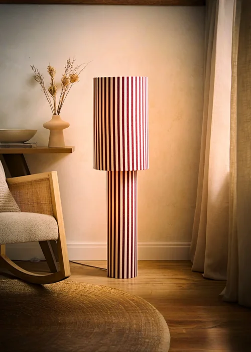 ValueLights Florence Burgundy Pinstripe Linen Midi Floor Lamp With Warm White Bulb - One Size Image 2
