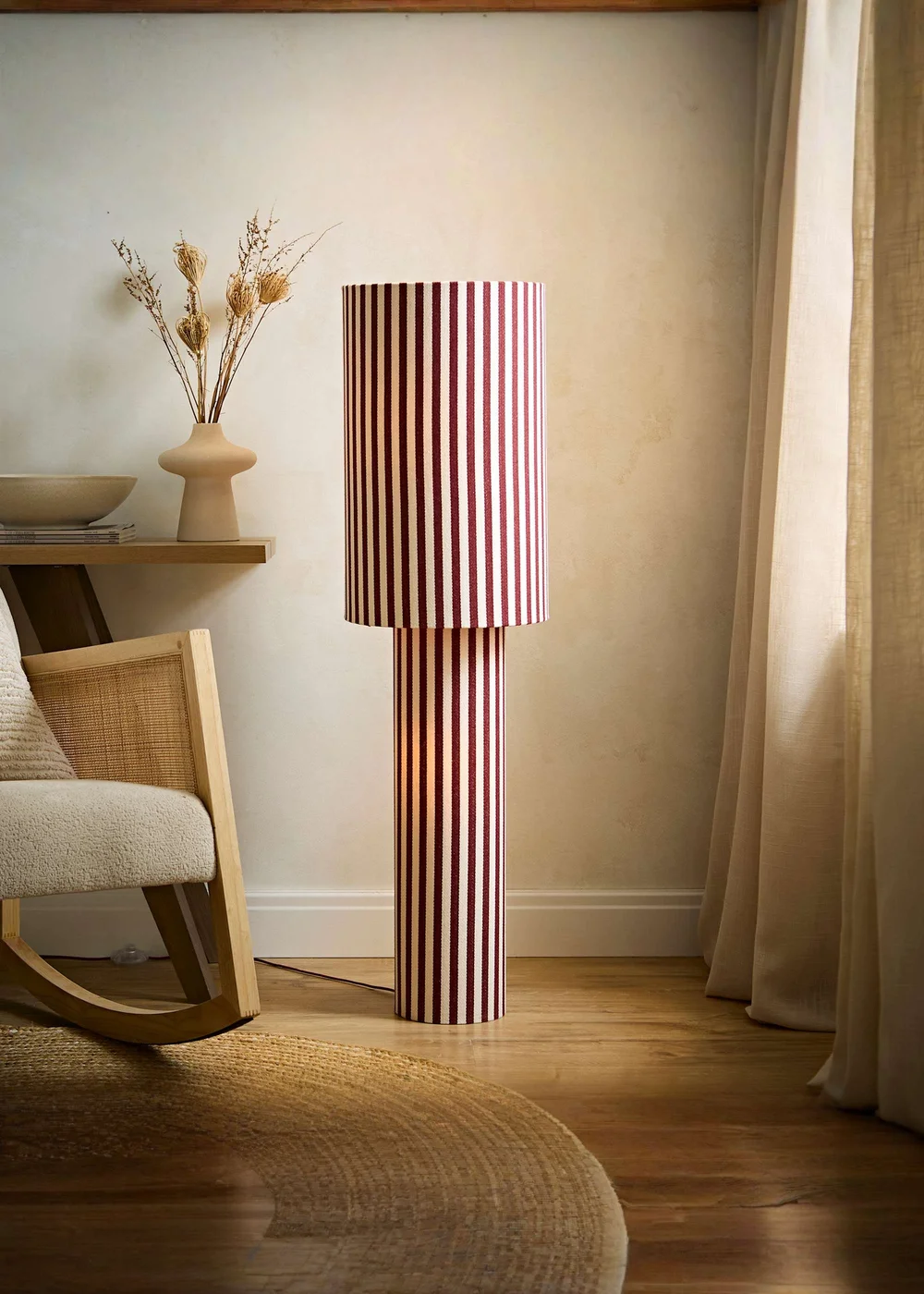 ValueLights Florence Burgundy Pinstripe Linen Midi Floor Lamp With Warm White Bulb - One Size Image 1