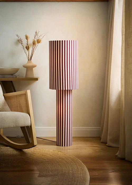 ValueLights Florence Burgundy Pinstripe Linen Midi Floor Lamp With Warm White Bulb - One Size Image 1