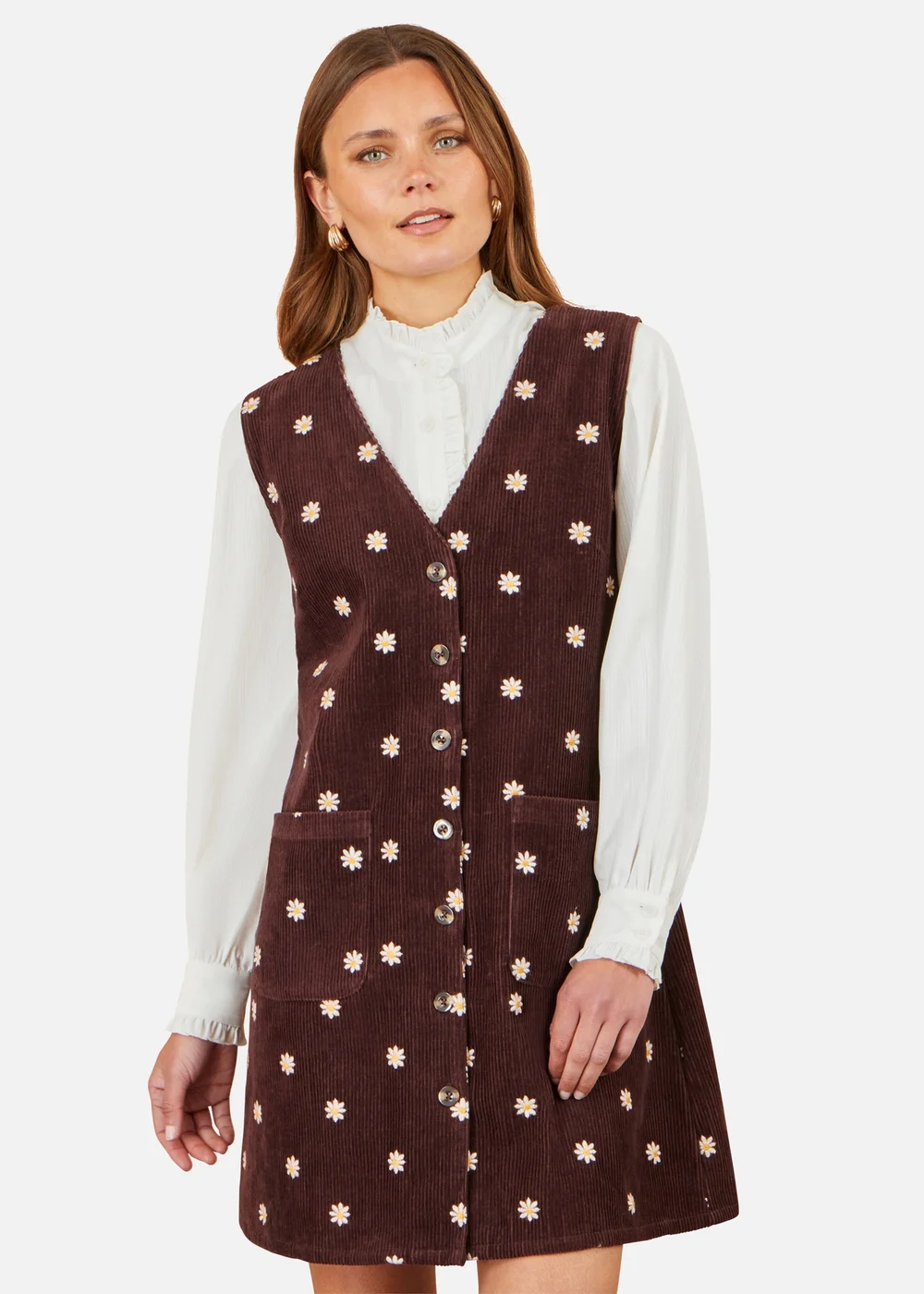 Yumi Brown Embroidered Daisy Pinafore Dress - 14 Image 1