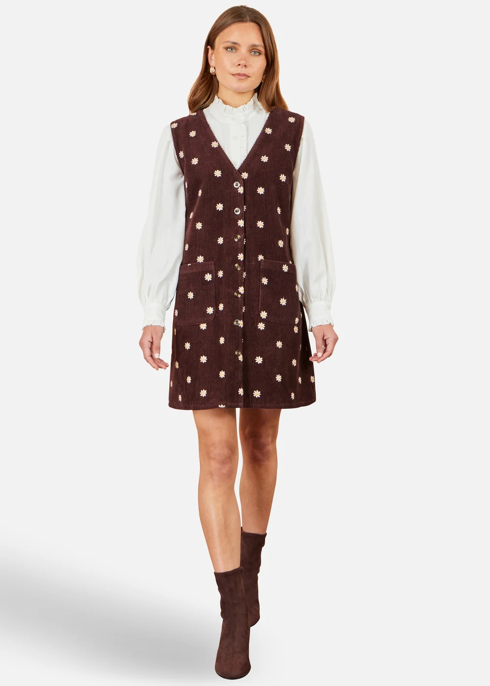 Yumi Brown Embroidered Daisy Pinafore Dress - 14 Image 2